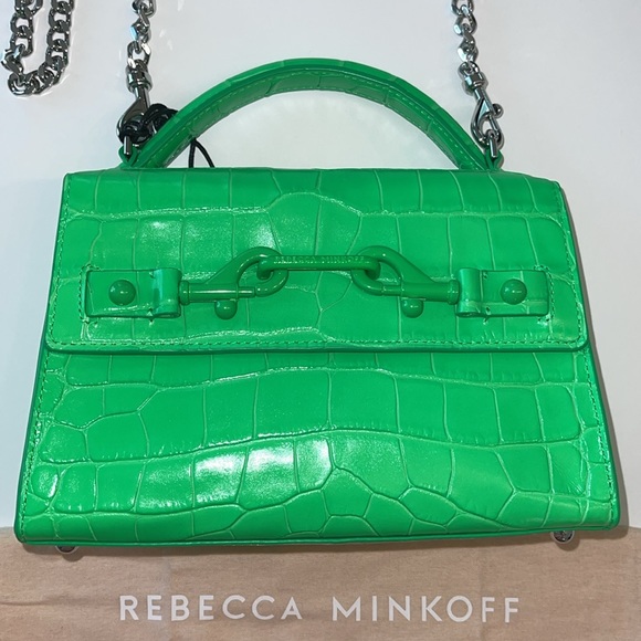 Rebecca Minkoff Croc Embossed Leather Crossbody Bag Neon Green NWT - Picture 6 of 17